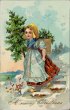 Girl w/ Christmas Tree, Basket Backpack - Early 1900's XMAS Postcard