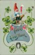 Elf, Champagne Bottle, Glass, Clover - Early 1900's German New Year Postcard
