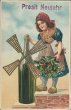 Dutch Girl, Windmill Champage Bottle - 1908 German New Year Postcard