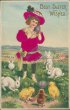 Girl, Red Dress, Bunnies, Chicks - Early 1900's Silk Easter Postcard