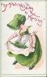 Lady in Green Dress, St. Patrick's Day in the Morning - Early 1900's Postcard