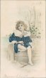 Bare Foot Girl Sitting on Bench, Drawing Hand Colored M. M. Vienne 1905 Postcard
