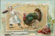 Chef Holding Large Knife, Fork, Pulling Turkey - Thanksgiving Day TUCK Postcard