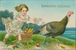 Girl Chasing Turkey - Early 1900's Thanksgiving Postcard