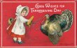 Girl, Corn Ear, Turkey - Early 1900's Thanksgiving Clapsaddle Embossed Postcard