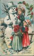 Children Decorating Snowman - Early 1900's Christmas XMAS Postcard
