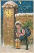 Boy, Lantern, Bag w/ 4 Leaf Clovers, Clock - Early 1900's New Year Postcard