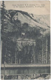 Great Northern R.R., 3 Railroad Tracks, Cascade Mountains, WA - Early Postcard