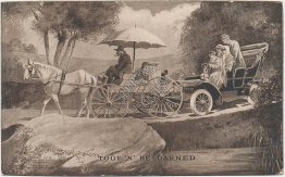 Car Stuck Behind Horse Drawn Wagon - Early 1900's Comic Postcard