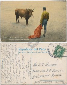 Bull Fighting, Lima, Callao, Peru Postcard 1921 USS North Dakota Cancel