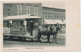 Horse Drawn Trolley, Electric Car, Winfield, KS Kansas - Early 1900's Postcard