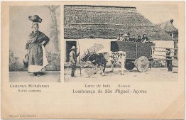 Native Costumes, Ox Drawn Wagon, Sao Miguel, Azores - Early 1900's Postcard