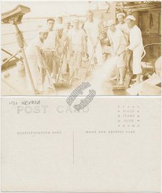 USS Nevada Sailors Scrubbing, Washing Ship Deck - Early 1900's RP Photo Postcard