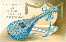 Flower Covered Banjo Guitar- Early 1900's New Year Embossed Postcard