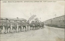 Recruits Boarding Train, Denver & Rio Grande R.R., Fort Logan, CO Early Postcard