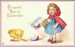 Little Girl in Red Cape, Chick - Early 1900's Embossed Easter Postcard