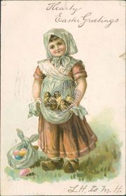 Girl Holding Blanket w/ Chicks - 1906 Embossed Easter Postcard