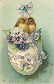 2 Chicks, Egg Wrapped in Flower Bow Pre-1907 Easter Postcard