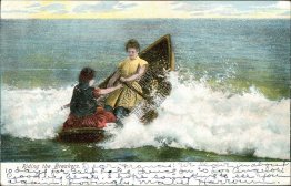 2 Women Riding Canoe, Breakers Pre-1907 Postcard