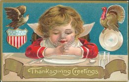 Kid Praying, Dinner Plate, Turkey, Bald Eagle - Thanksgiving Embossed Postcard