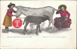 2 Kids, Mule, Telephone - Burro Series - Early 1900's Comic Postcard