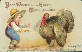 Little Boy Feeding Turkey - Thanksgiving Day Embossed Postcard