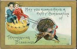 Kids Riding Turkey Wagon - 1911 HBG Thankgiving Embossed Postcard