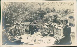 3 Women, Sunday School Boys, Outdoor Picnic Early 1900's Real Photo RP Postcard