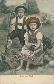 Boy & Girl, GRUSS AUS Tirol Tyrol - Early 1900's Hand Tinted German Postcard