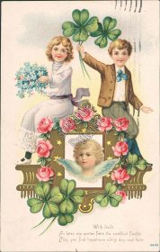 Girl w/ Flowers, Boy w/ 4 Leaf Clover - Embossed 1907 St. Patrick's Day Postcard
