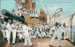 Sailors Fencing on Board US Battleship - Early 1900's Ship Postcard