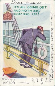 Man on Ship's Desk, It's All Going Out, Nothin Comin In 1906 Weiser, ID Postcard