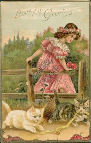 Girl Sitting on Fence, Two Cats, Kitten Playing w/ Ribbon - Birthday Postcard