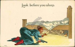 Woman Holding Gun Under Bed, Look Before You Sleep 1912 Jonah, TX Postcard