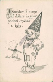 Ducth Boy Wearing Daffydill Cap, Windmill - Early 1900's Comic Postcard