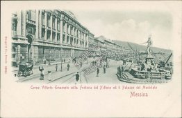 Corso Vittorio with the Neptune Fountain and Town Hall, Messina, Italy Postcard