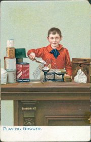 Boy Playing Grocer, Weighing Ingredients, Food - Early 1900's Postcard