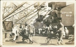Coaling Ship , Men Hauling Coal in Wheelbarrow - Early 1900's RP Photo Postcard