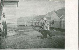 Backyard Scene, Couple w/ Black Dog - Early 1900's RP Postcard