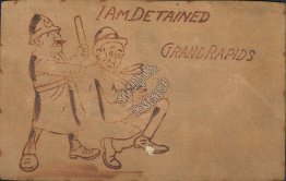 Police Man w/ Club, I Am Detained, Grand Rapid, MI LEATHER Pre-1907 Postcard