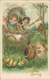 Kids Riding Egg Cart Drawn by Rooster - Early 1900's Easter Postcard