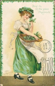 Woman w/ Shamrock Basket, St. Patrick's Day 1909 Clapsaddle Embossed Postcard