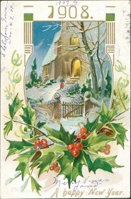 Snow Scene, New Year's Day 1908 TUCK Postcard, Sheldon IA Cancel