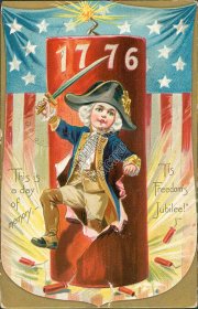 Kid in Colonial Attire, Fireworks, Flag 4th Fourth of July TUCK Postcard