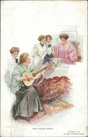 Women at Fondue Fudge Party, Playing Guitar Harrison Fisher 1911 Postcard