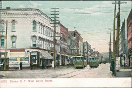 West Water St., Trolley, Troy Baseball Game Banner, Elmira, NY Early Postcard