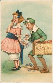 Boy w/ Cupid Hat, Envelope With Fond Love Picnic Basket TUCK Valentines Postcard