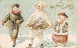 3 Kids in Snow, Boy Dresses as Chef Baking Break Pre-1907 New Year Postcard