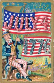 Man in Uncle Sam Attire, July 4 1776 Banner, Fourth of July Embossed Postcard