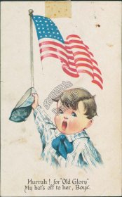 Little Boy Waving Hat, American Flag - Early 1900's Postcard